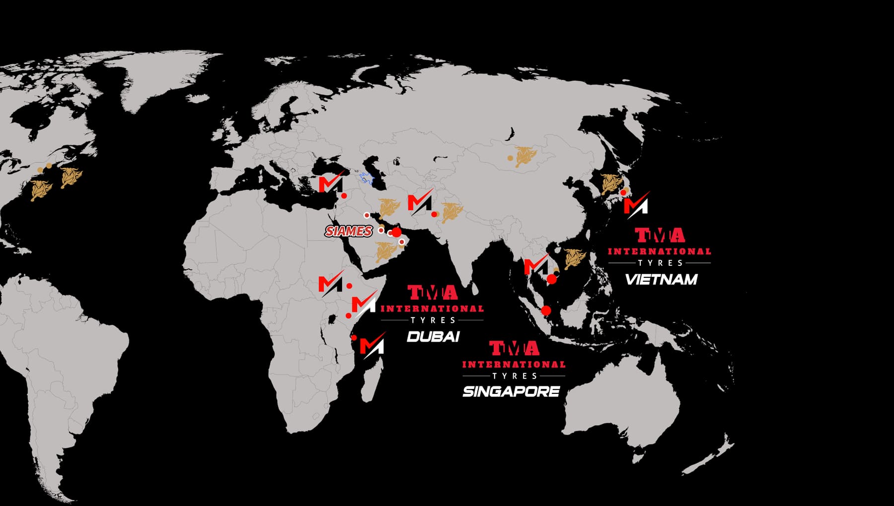 Map of TMA International Tyres offices in Singapore, Dubai and Vietnam